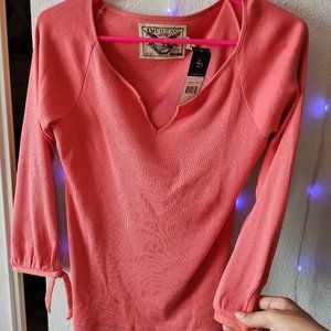American Living 100% Cotton M Light Pink Ribbed 3/4 Sleeve with Ties V Neck NWT